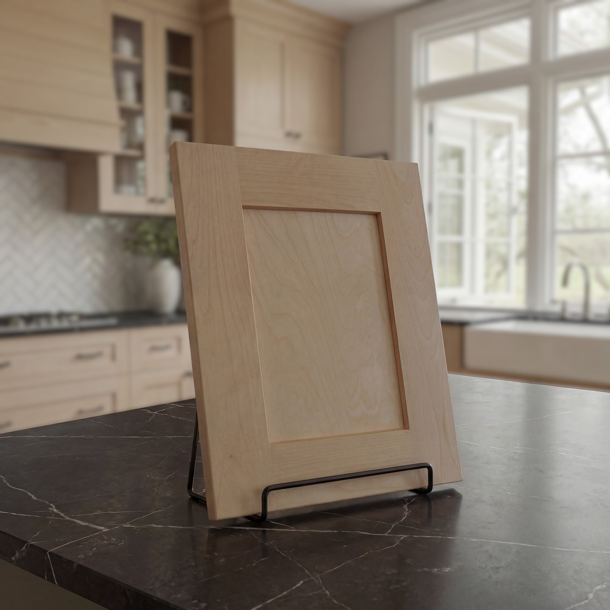 Angled Seaport shaker door sample in clear satin stain showing the birch wood grain, on a dark granite counter in a bright kitchen.
