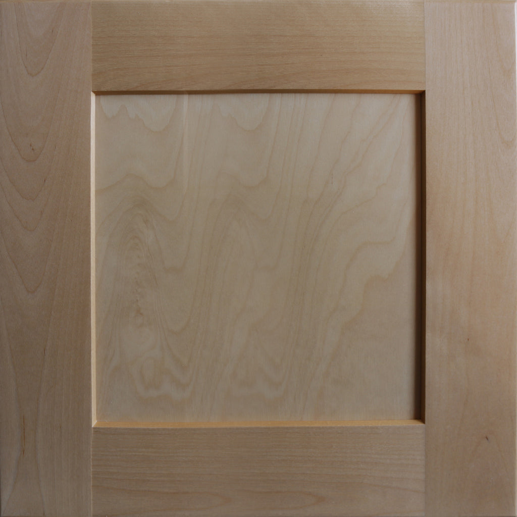 Close up view of a clear satin stain on a birch wood Seaport shaker cabinet door with a recessed square panel.