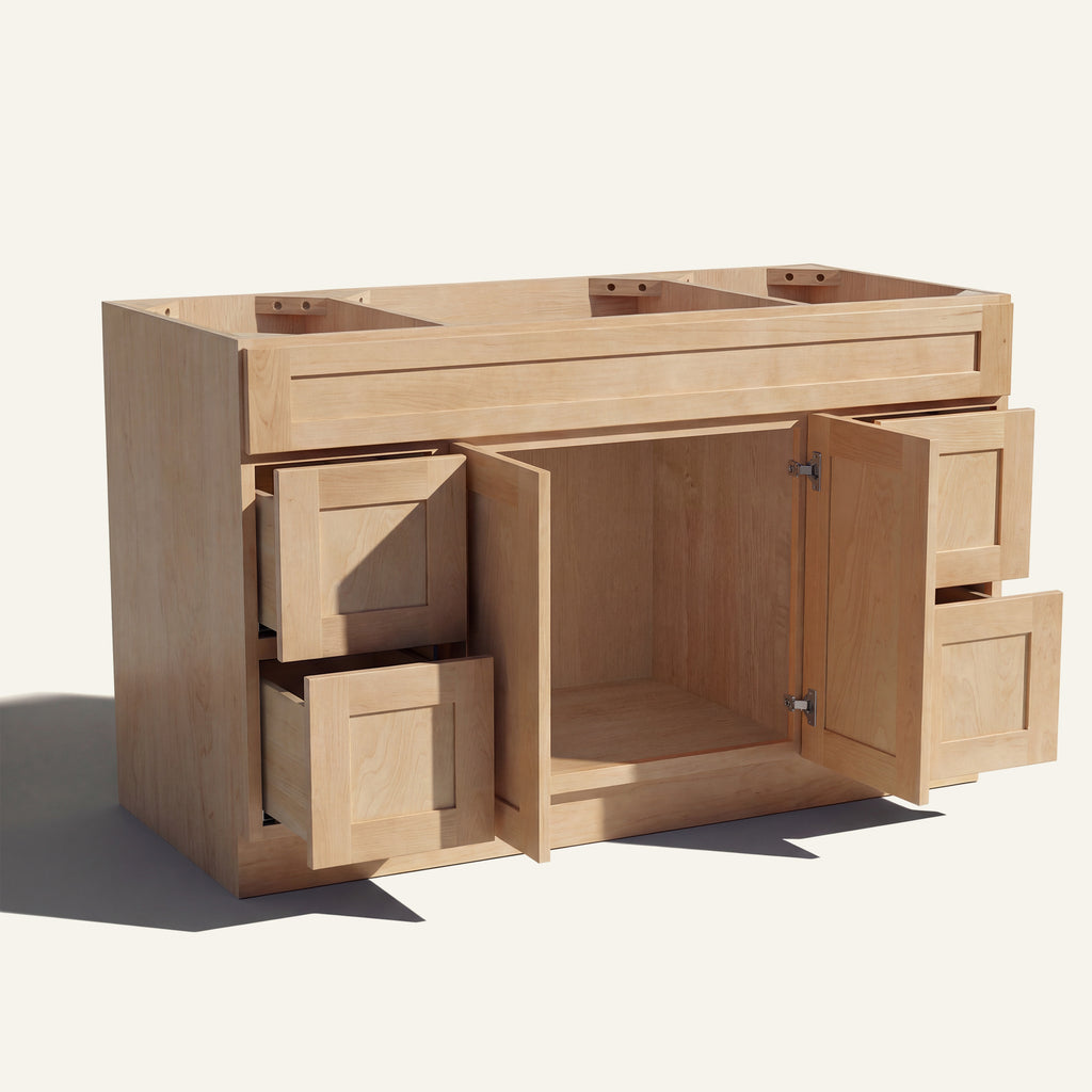 Open view of a natural Seaport Shaker single sink vanity base with 2 doors and 4 drawers showing the stained interior.
