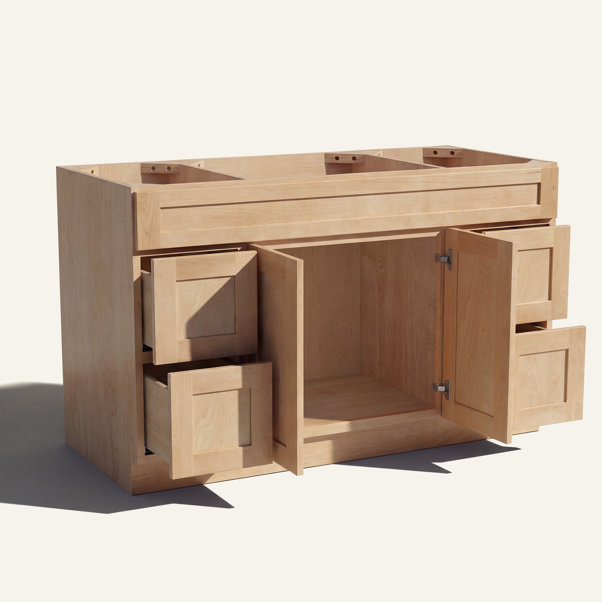 Open view of a natural Seaport Shaker single sink vanity base with 2 doors and 4 drawers showing the stained interior.