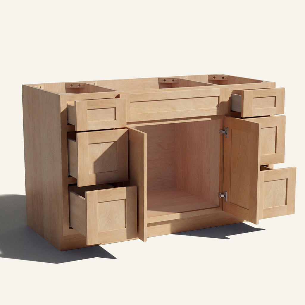 Open view of a natural Seaport Shaker 60" single sink vanity, 2 doors and 6 drawers open showing wood interior.