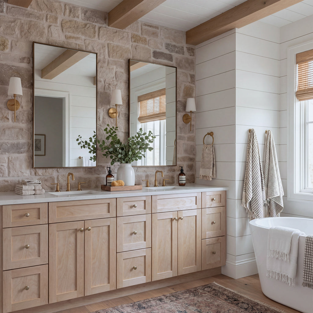 Angled view of a natural Seaport shaker double sink vanity in a traditional, warm bathroom scene with a marble countertop.