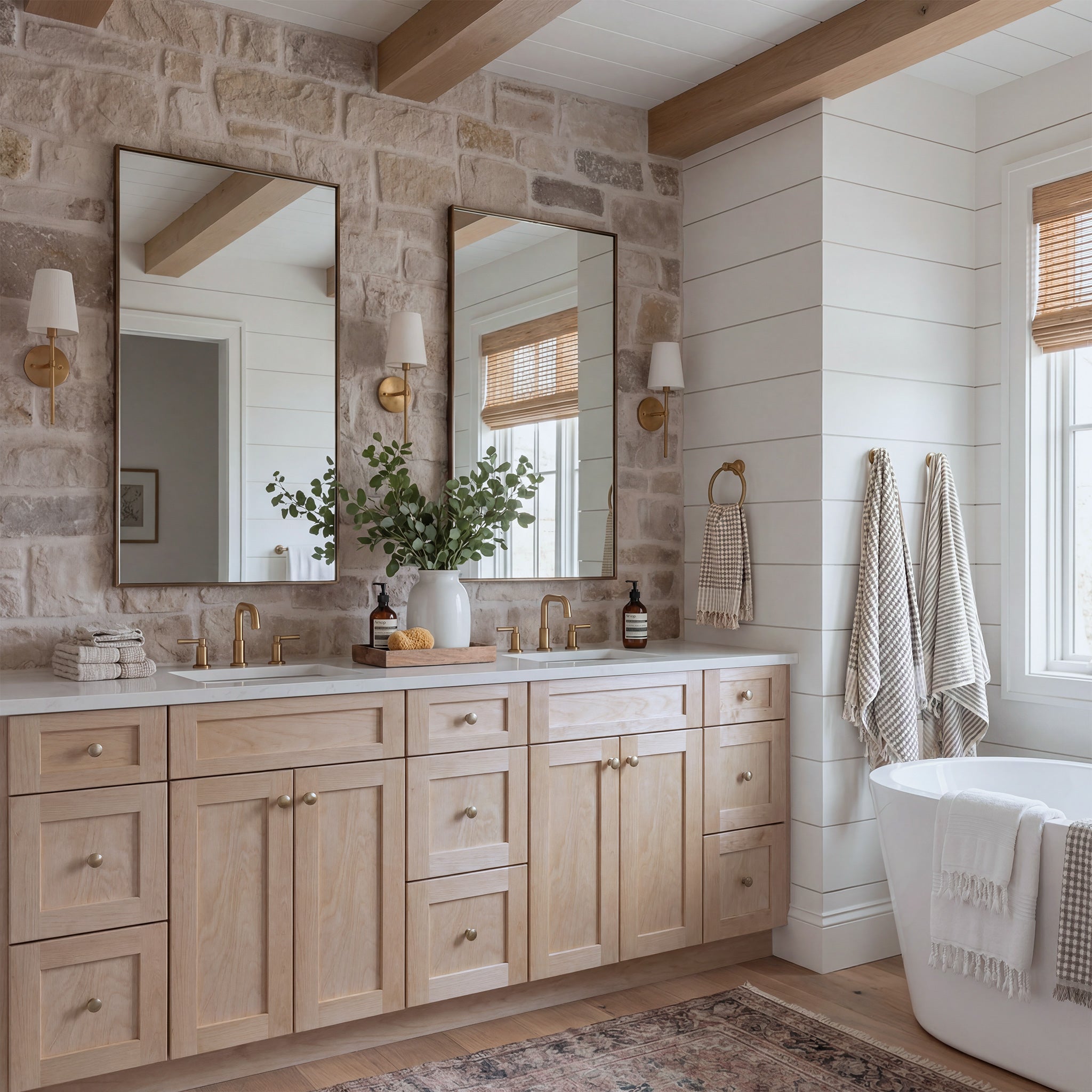 Angled view of a natural Seaport shaker double sink vanity in a traditional, warm bathroom scene with a marble countertop.