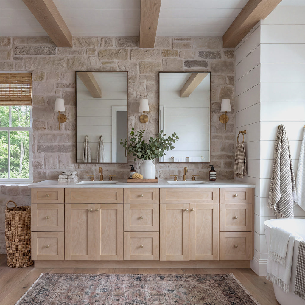 Straight-on view of a natural Seaport double sink vanity flanked by two 3-drawer end cabinets in a warm traditional bathroom.