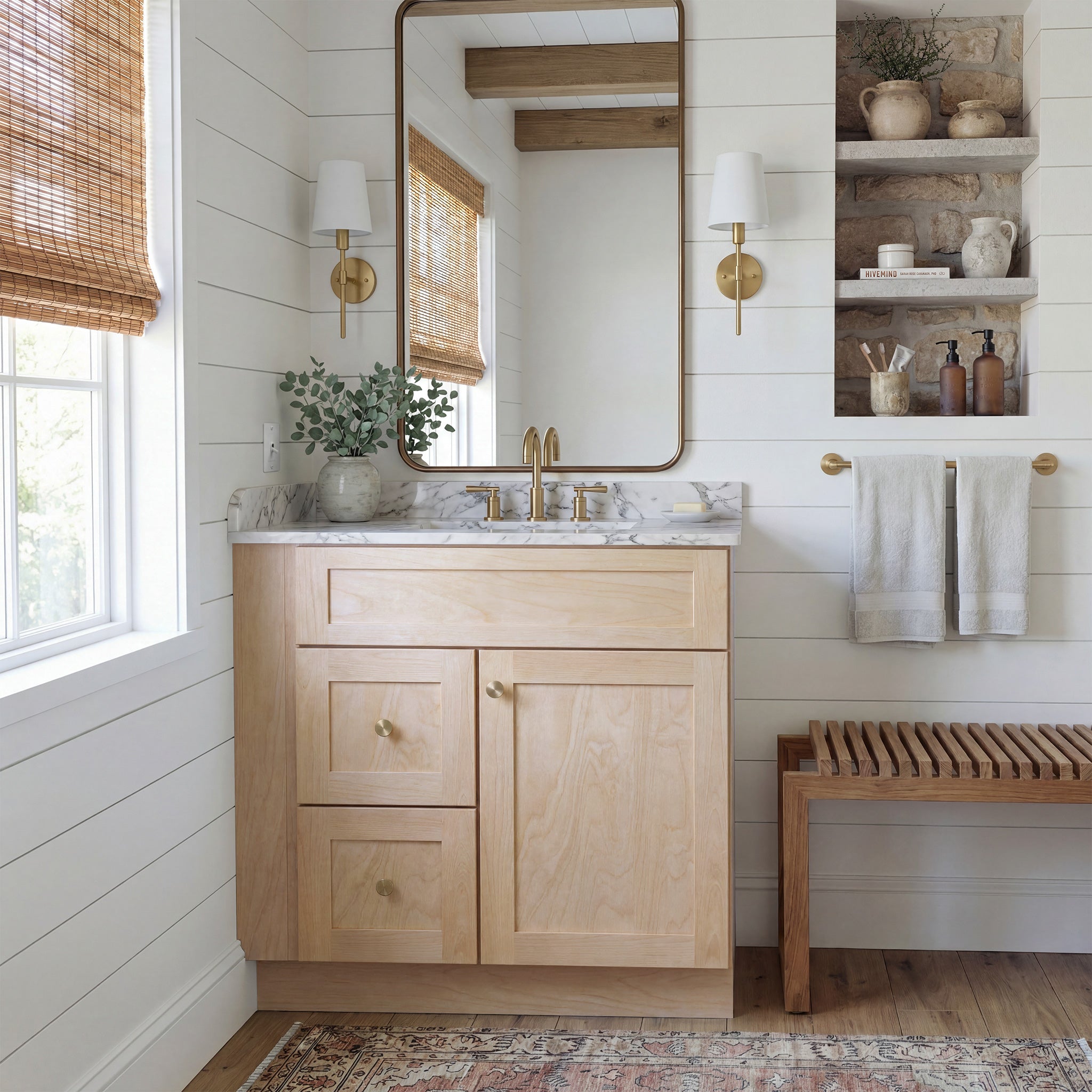 Front view of a natural Seaport shaker single sink vanity with 1 door, 2 drawers left, and 1 false drawer in a warm bathroom.