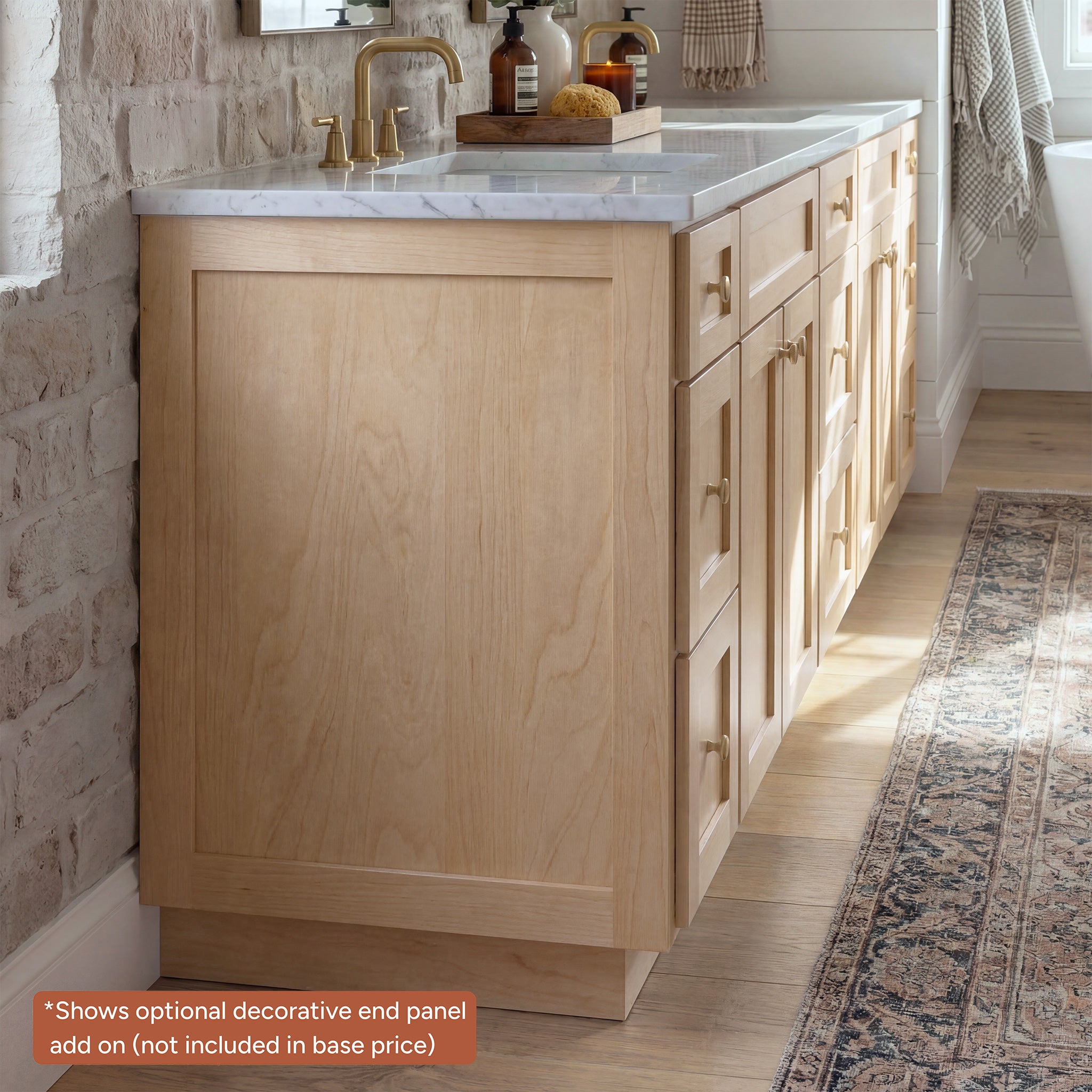 Natural Seaport shaker vanity detail showing an optional decorative end panel add-on, not included in base price.