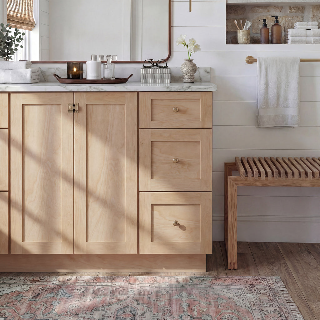 Front view of a natural Seaport traditional vanity base cabinet with 2 full-height doors and 3 drawers in a styled bathroom.