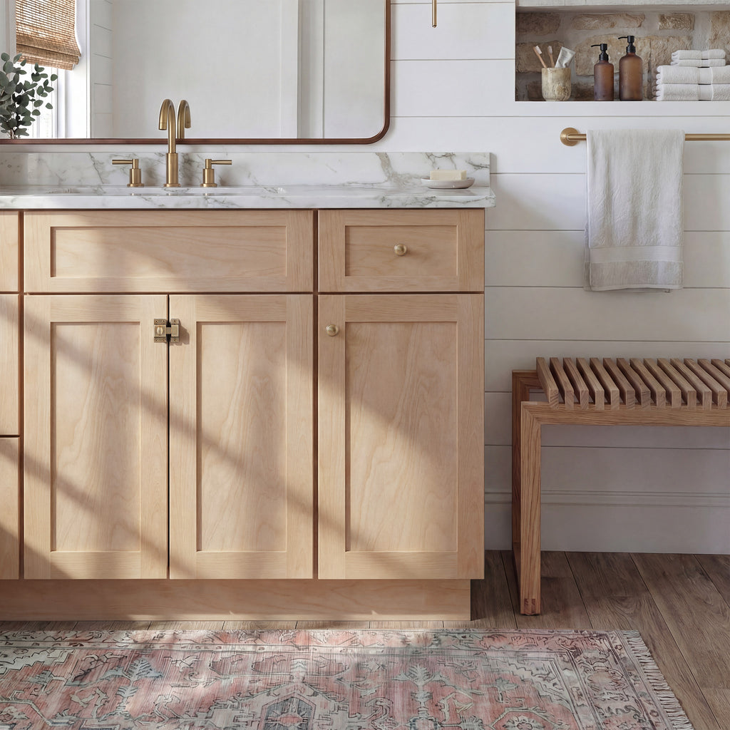 Front view of a natural Seaport shaker vanity with 2 doors, 1 drawer, and 1 false front with a nickel latch in a warm bathroom.