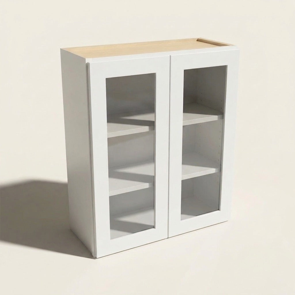 Seaport White Wall Cabinet with Glass Doors - 33w 36h 12d, shown with the optional painted interior