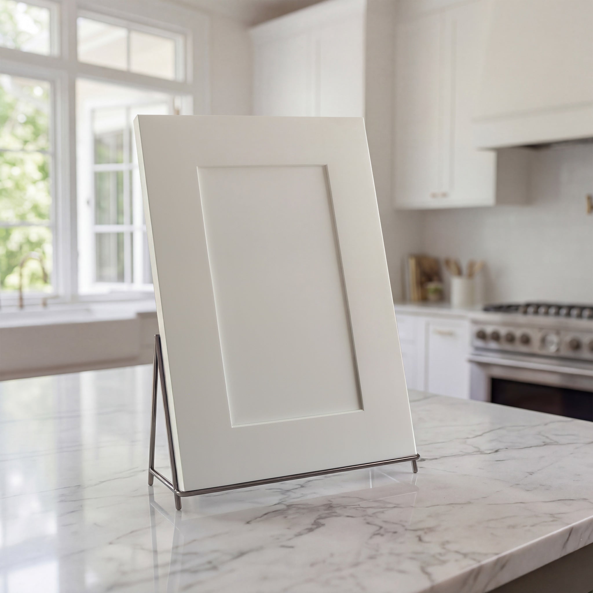 Angled Seaport white shaker cabinet door sample on a Mont Blanc quartzite countertop against a traditional kitchen backdrop.