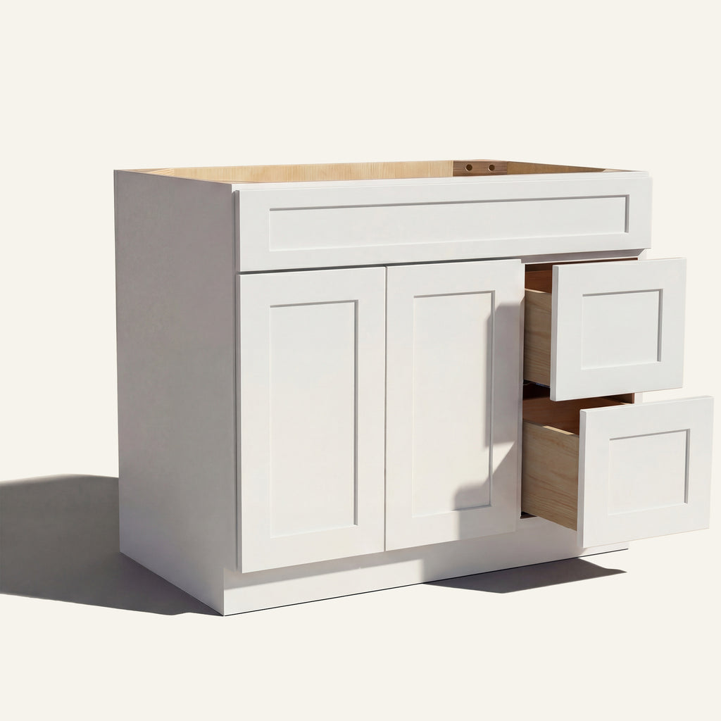 Open view of white Seaport Shaker single sink vanity, 2 doors, 2 drawers right, and 1 false drawer front.