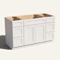 Angled view of a white Seaport Shaker 60w single sink vanity with 2 doors, 6 drawers and 1 false drawer front.