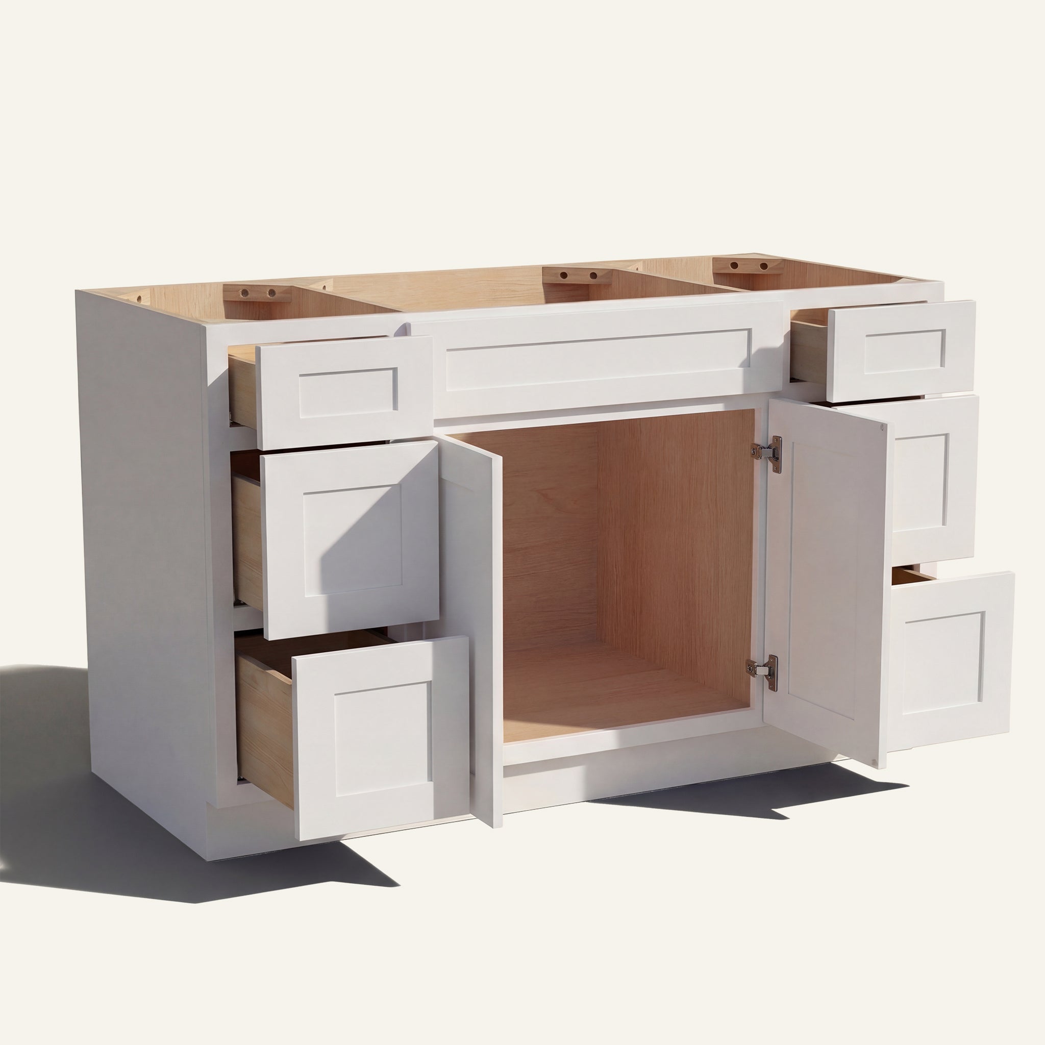 Open view of a white Seaport Shaker 60" single sink vanity, 2 doors and 6 drawers open showing wood interior.