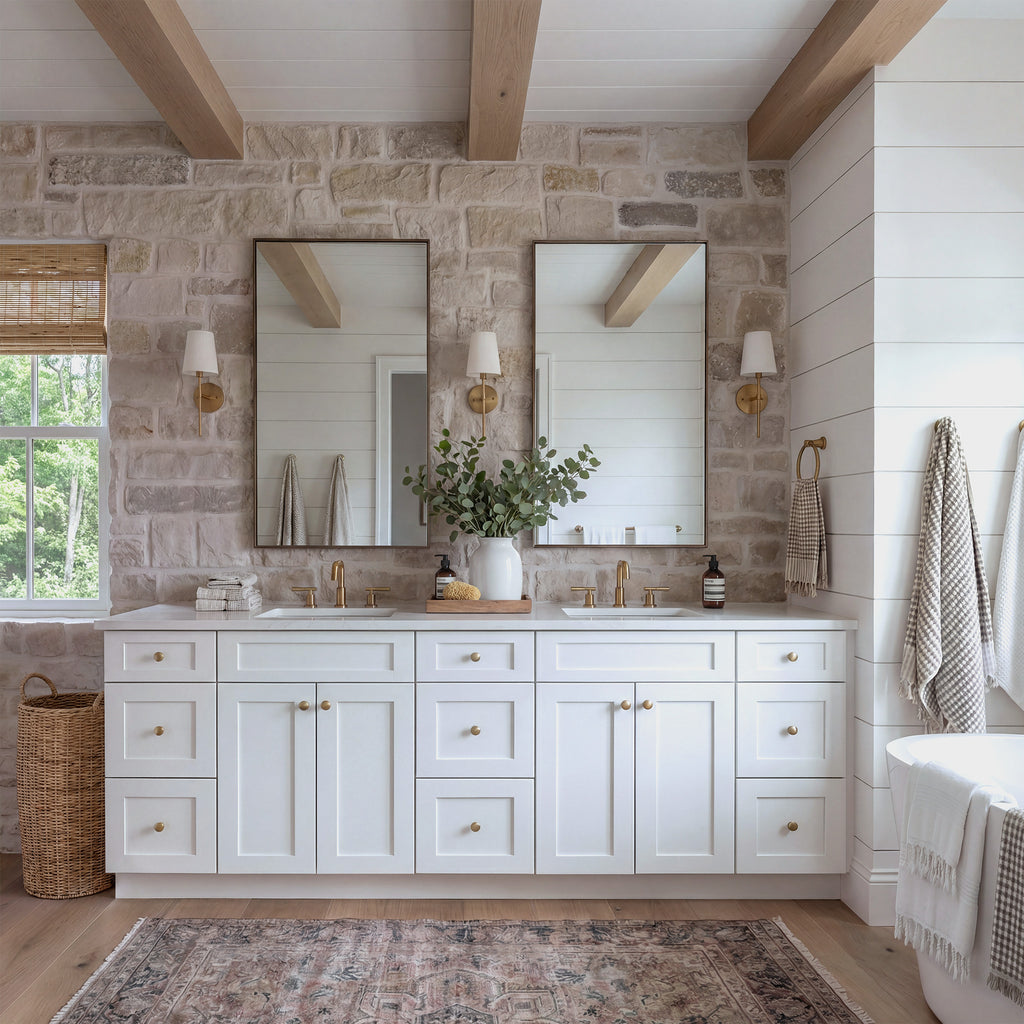 Straight-on view of a white Seaport double sink vanity flanked by two 3-drawer end cabinets in a warm traditional bathroom.
