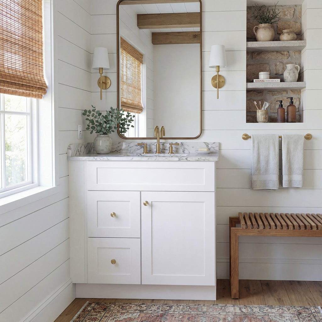 Front view of a white Seaport shaker single sink vanity with 1 door, 2 drawers left, and 1 false drawer in a warm bathroom.