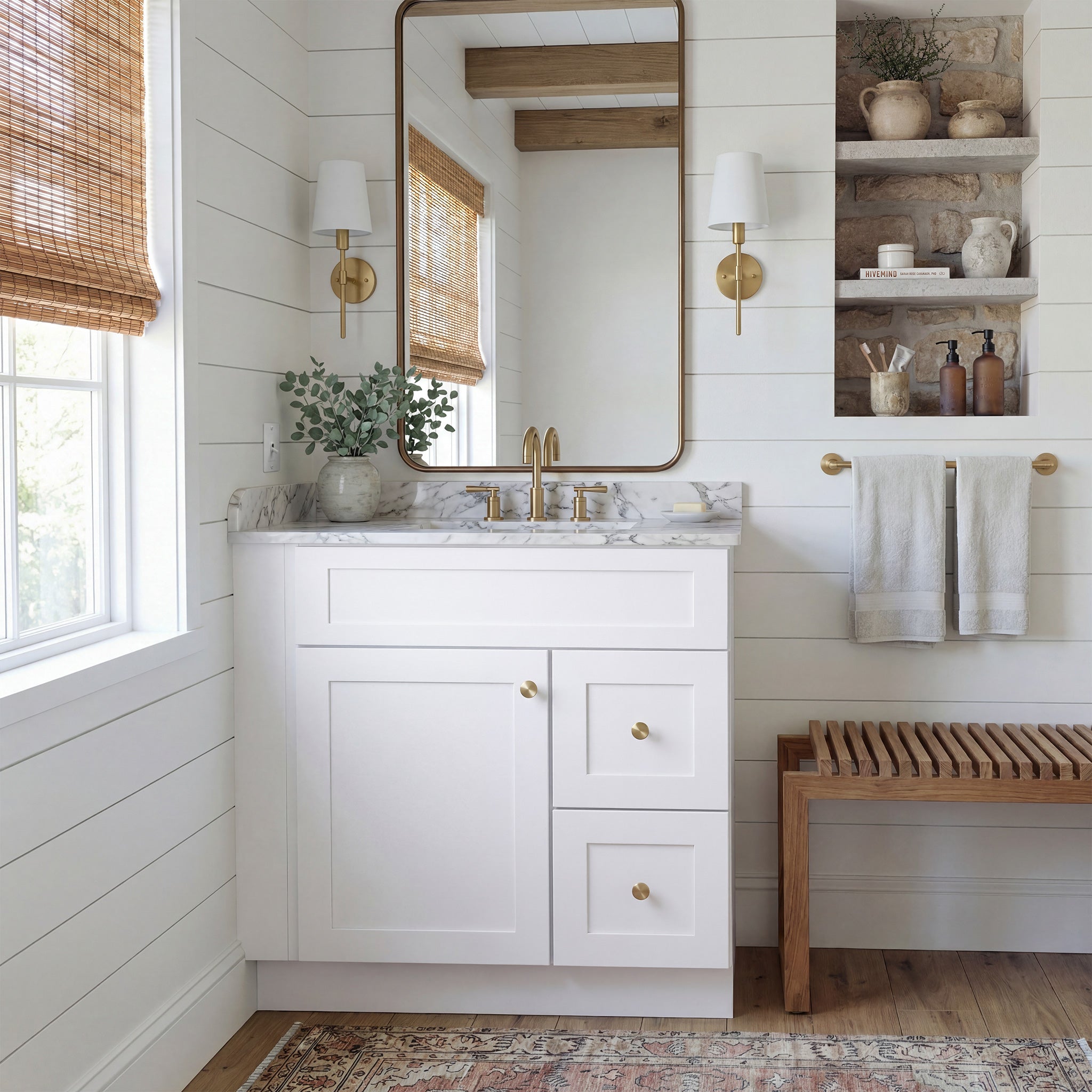 Warm bathroom scene of a white Seaport shaker single sink vanity with 1 door, 2 drawers right, and 1 false front.