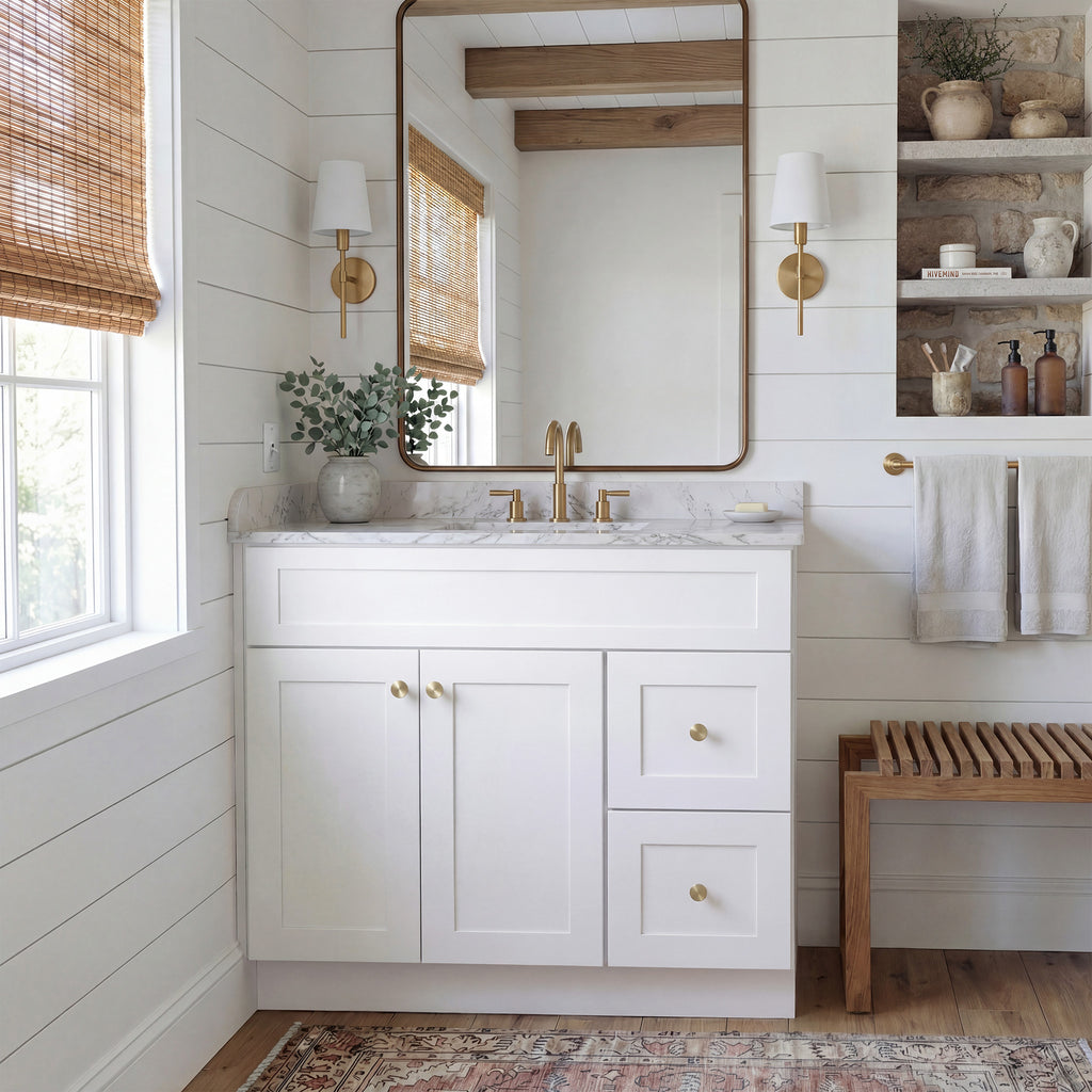 Front view of a white Seaport shaker vanity with 2 doors, 2 drawers right, and 1 false drawer in a warm traditional bathroom.