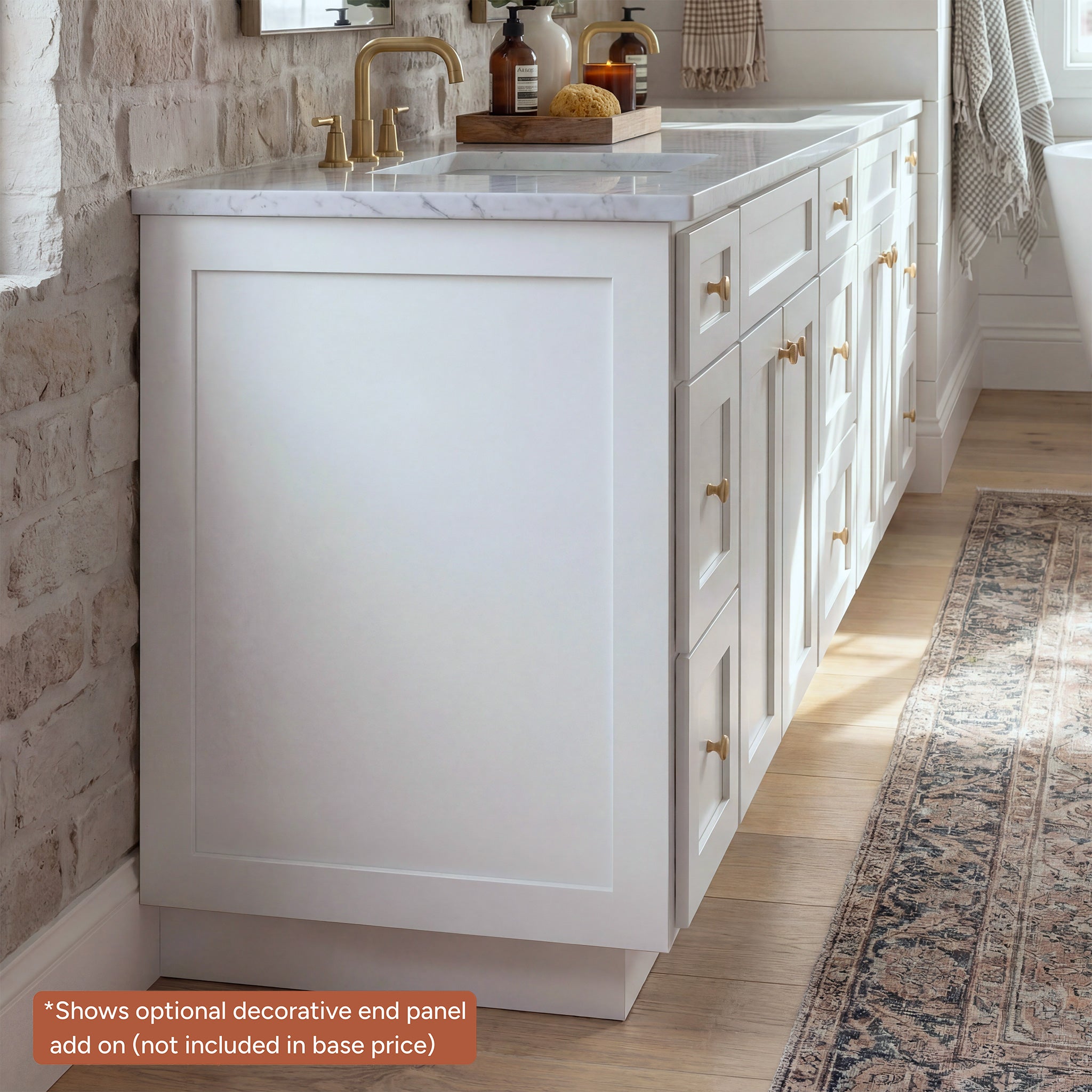 White Seaport shaker vanity detail showing an optional decorative end panel add-on, not included in base price.