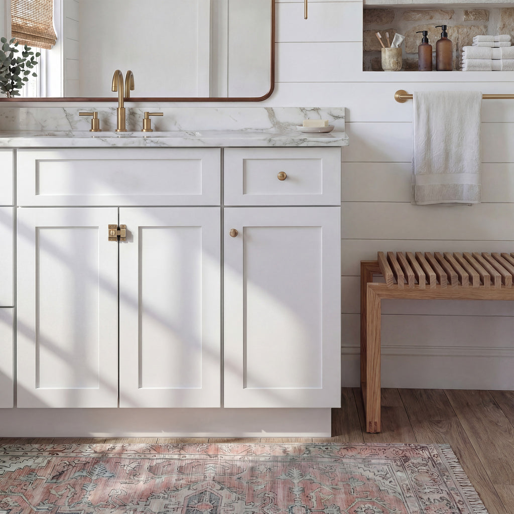 Front view of a white Seaport shaker vanity with 2 doors, 1 drawer, and 1 false front with a nickel latch in a warm bathroom.